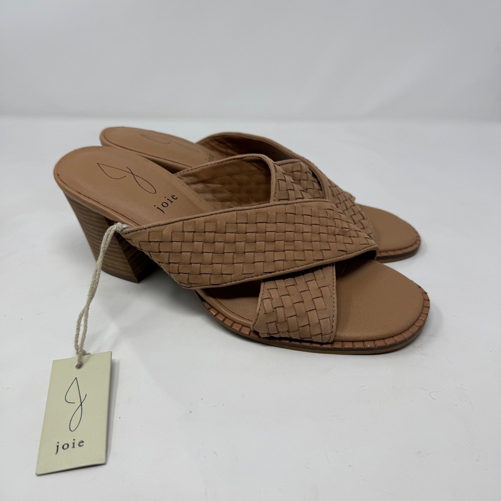 Joie Tan Woven Leather Crisscross Block Heel Slide Sandals Mules Size 8 NEW
